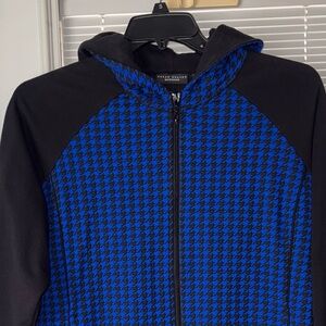 Susan Graver Weekend 1X Jacket Knit Hooded Full Zip Cobalt Blue blck Houndstooth